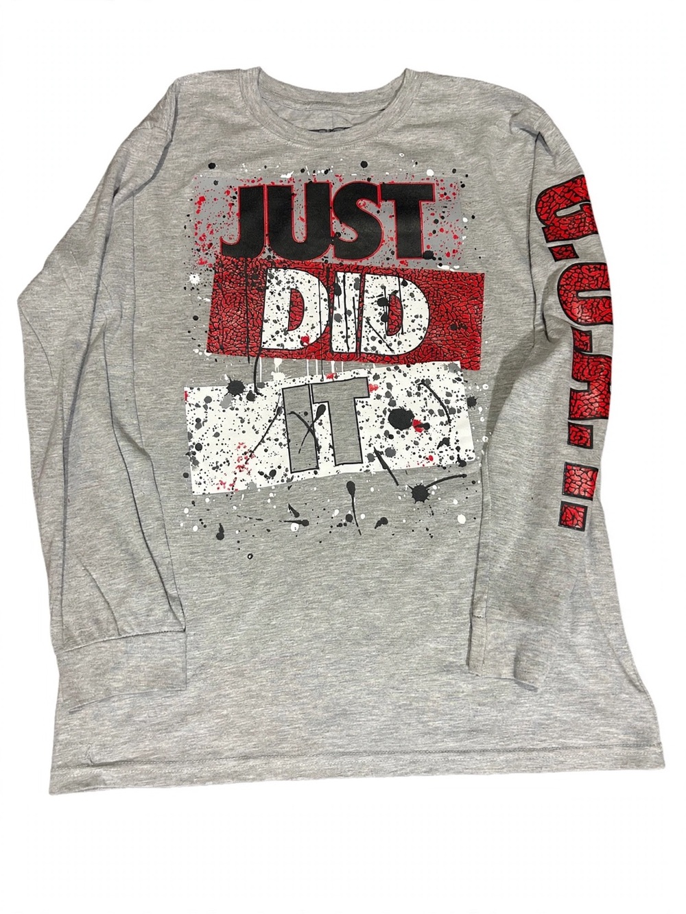 Just Did It Graphic Long Sleeve Tee - Grey/Red - Kids or unisex